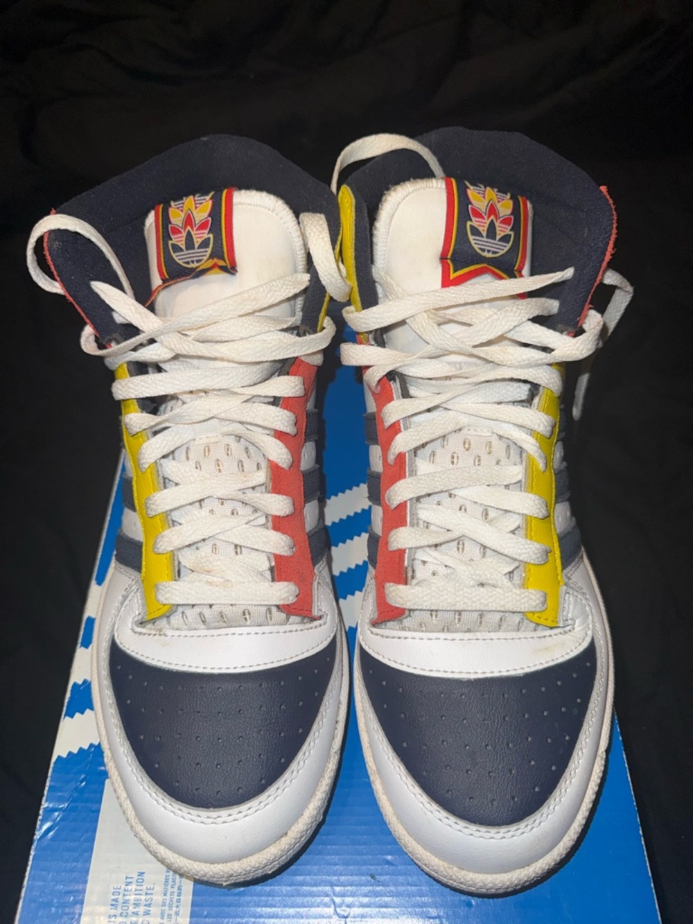 adidas men 8.5 High-Top Sneakers - White, Navy, Red & Yellow send offers